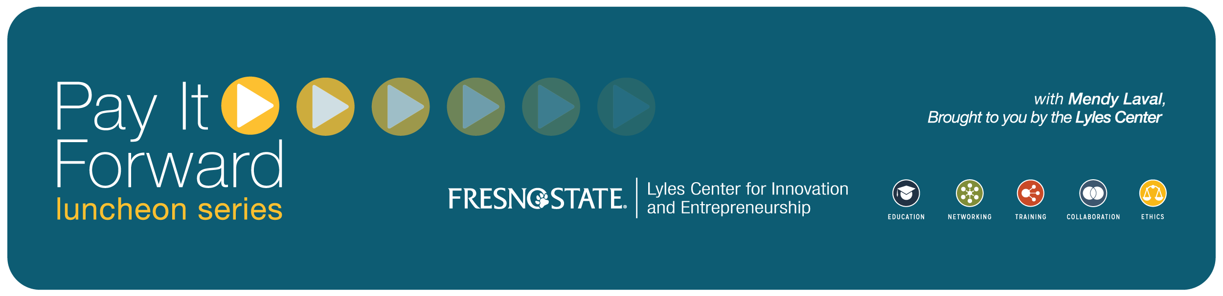 Pay It Forward logo: a series of fading arrows on a blue background with the Lyles Center logo and text "Pay It Forward luncheon series with Mendy Laval, brought to you by the Lyles Center." Small icons represent "Education," "Networking," "Training," "Collaboration" and "Ethics."