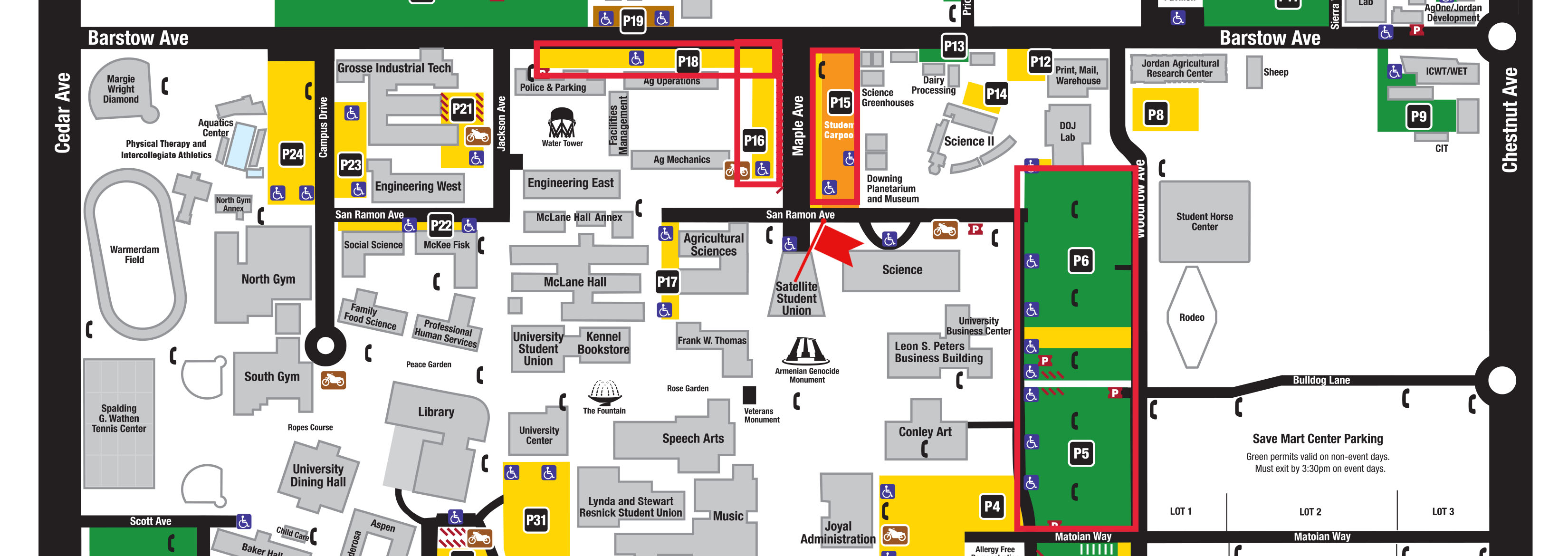 Craig 30th Anniversary Gala parking map. Parking for the gala is available in lots P15, P6 and P5.