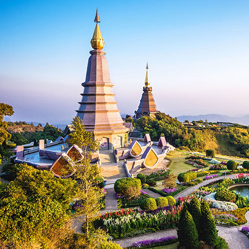 Doi Inthanon landmark twin pagodas at Inthanon mountain near Chiang Mai, Thailand