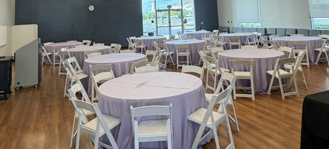classroom set up in banquet style